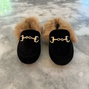 Stylish Black Kids Loafers with Fur Trim